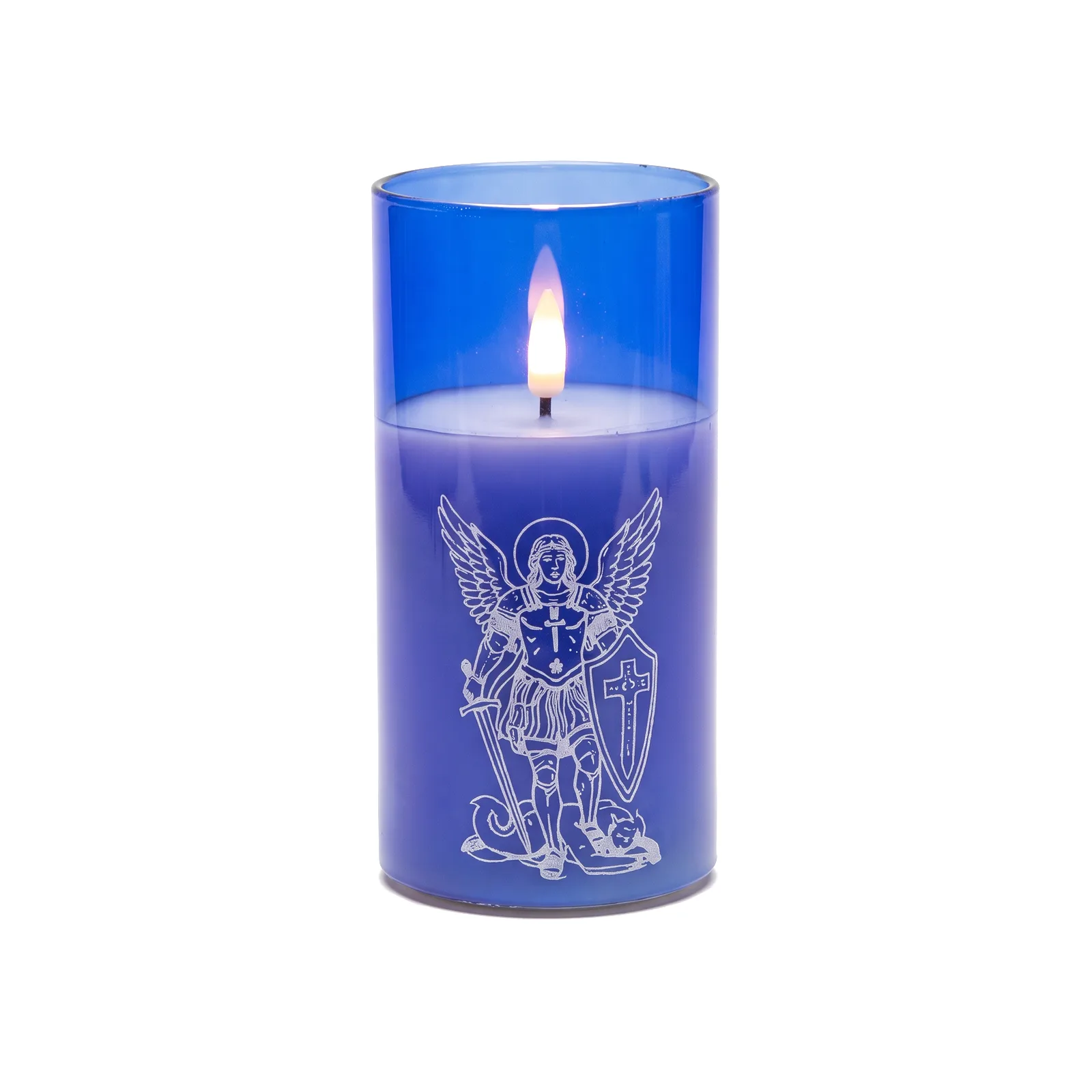 St. Michael candle in blue glass with a white print, on its own