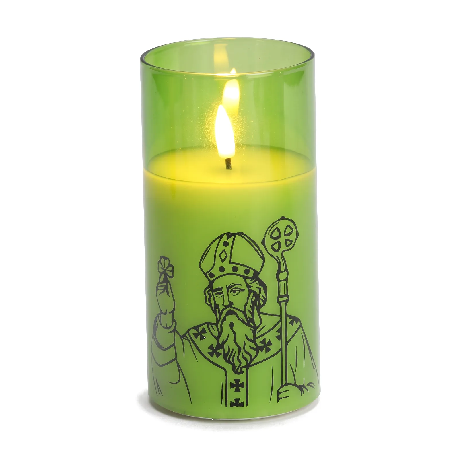 St. Patrick candle in green glass with a black print, on its own