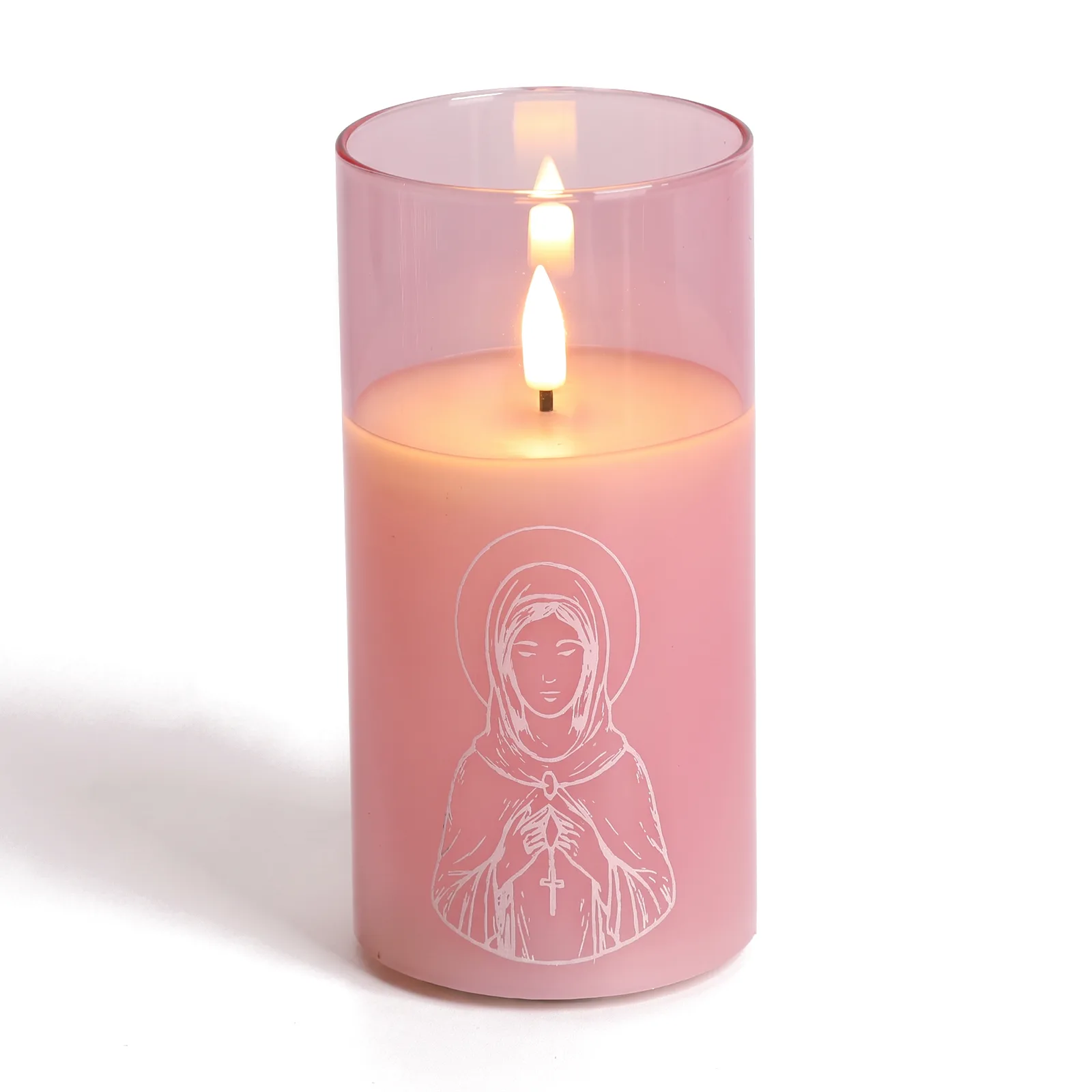 St. Agatha candle in pink glass with a white print, on its own