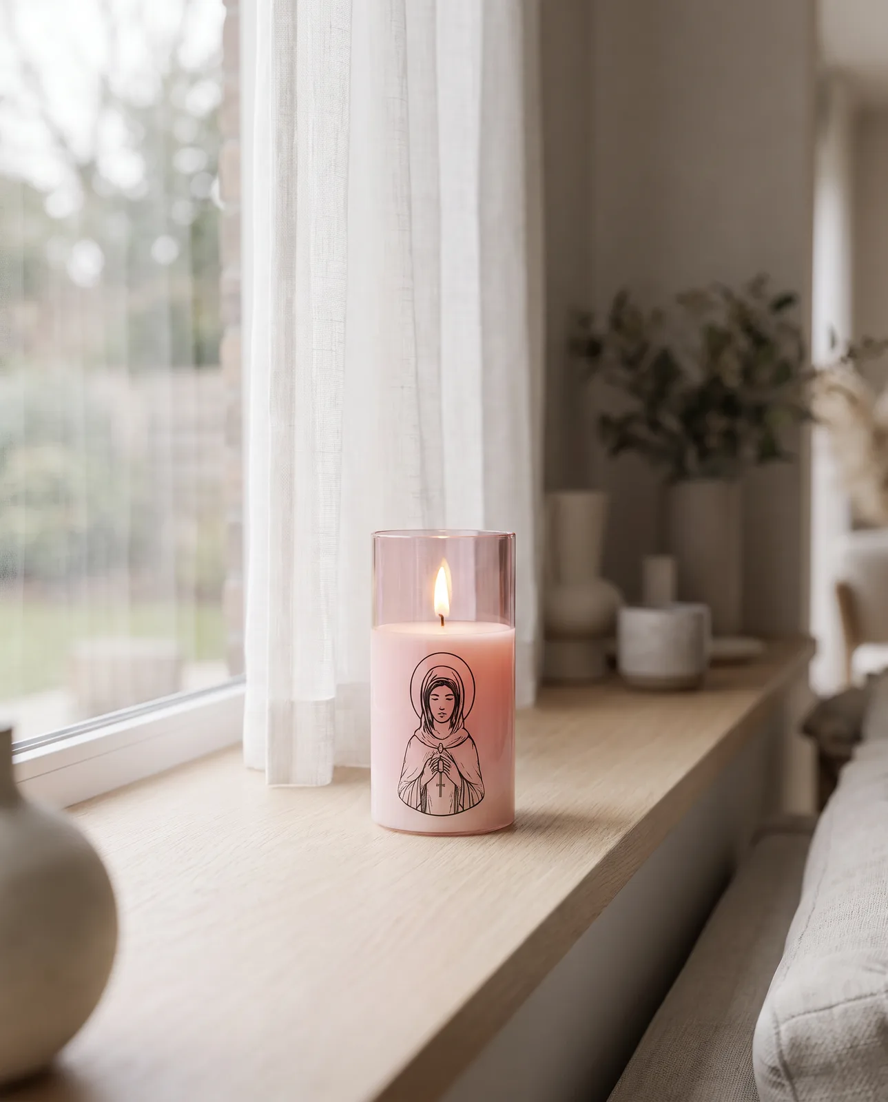 St. Agatha candle, pink glass, scene