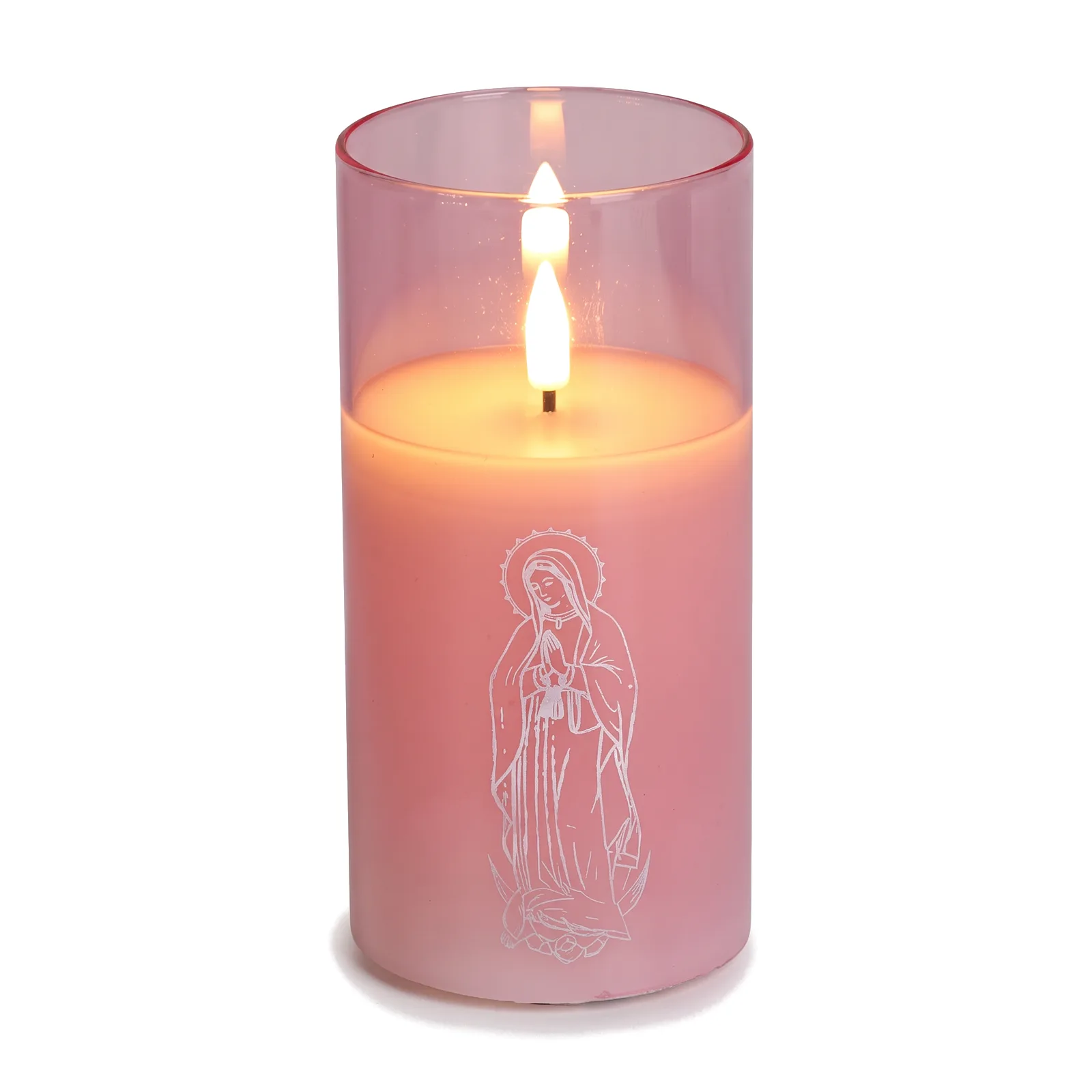 St. Mary candle in pink glass with a white print, on its own