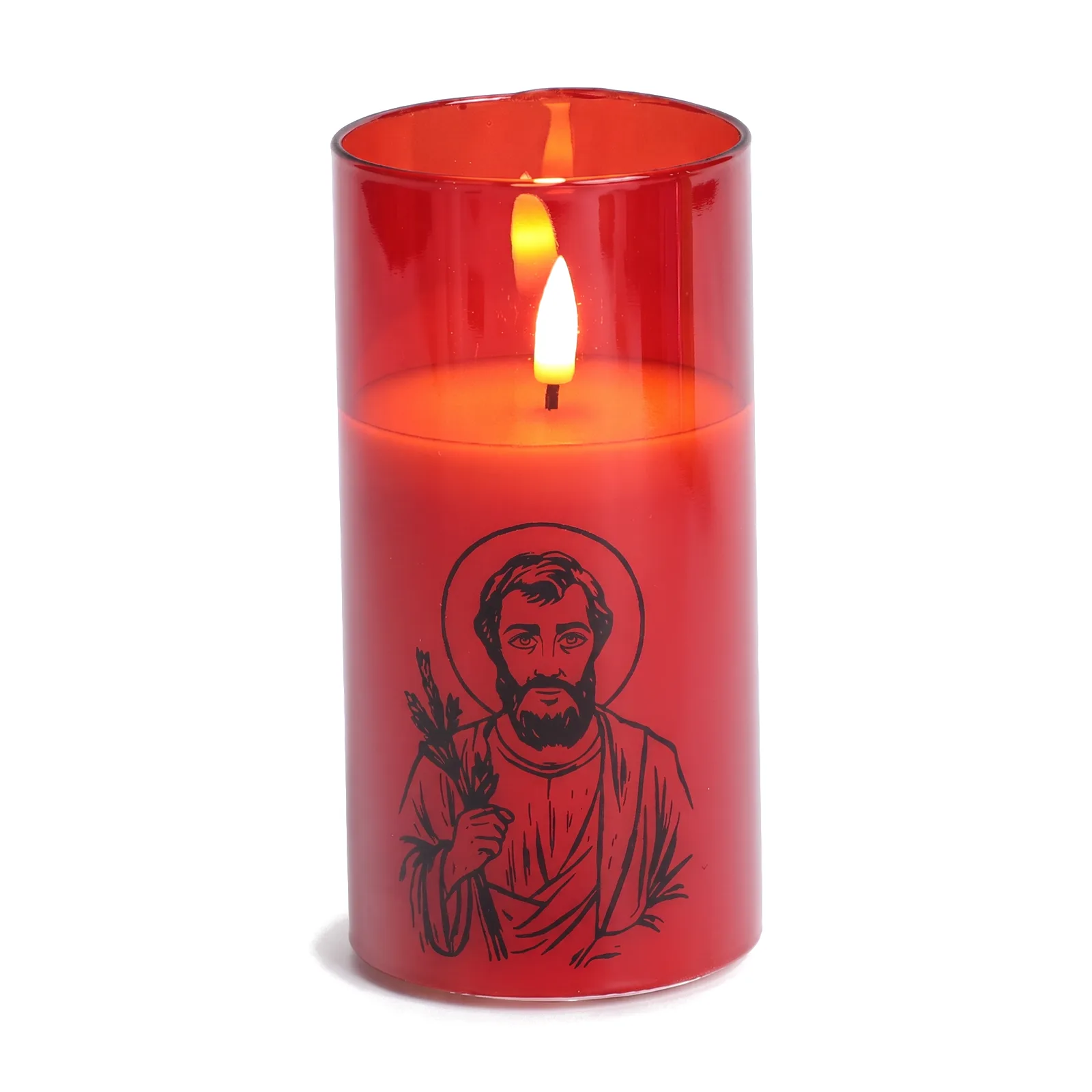 St. Joseph candle in red glass with a black print, on its own