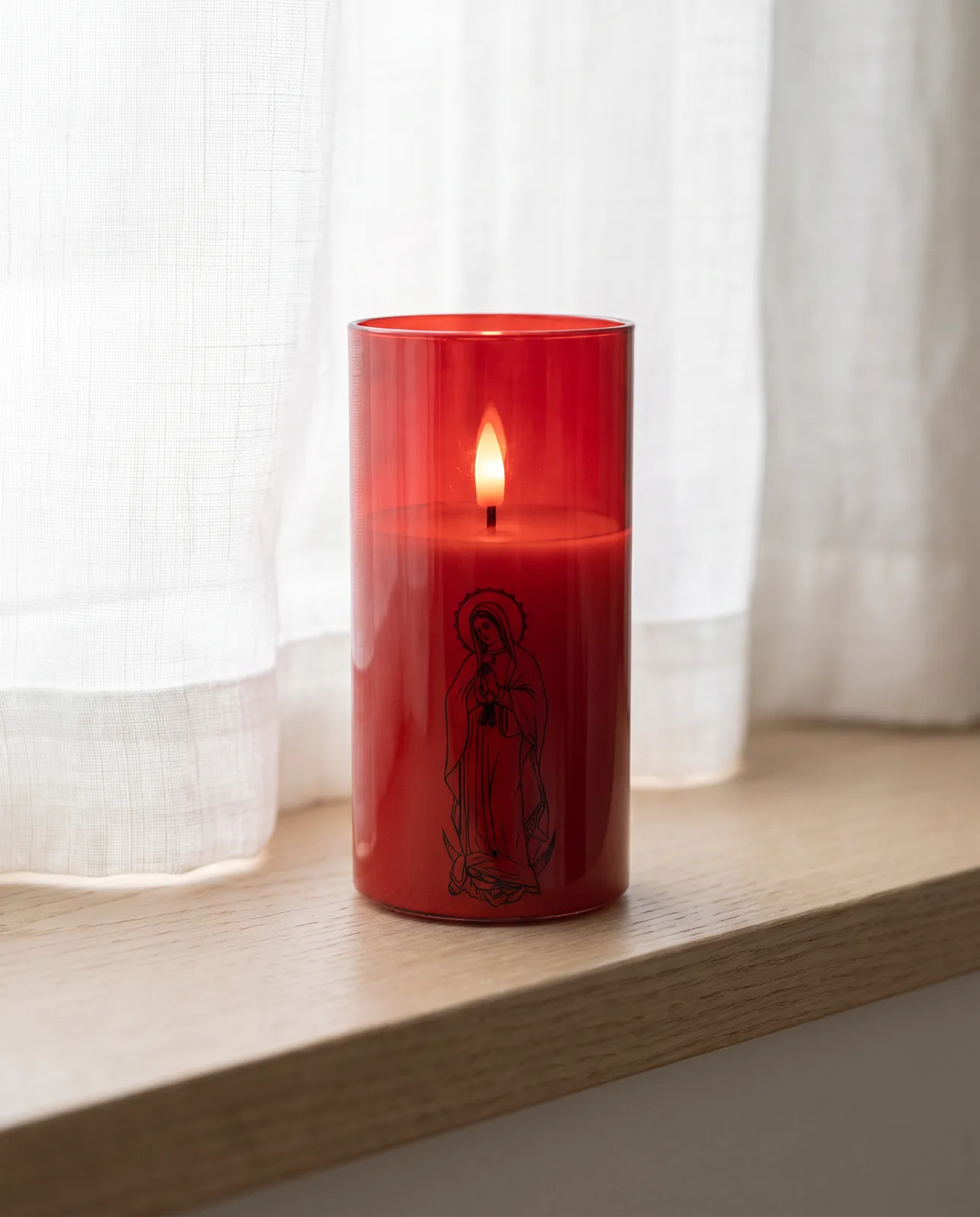 St. Mary candle, red glass, scene