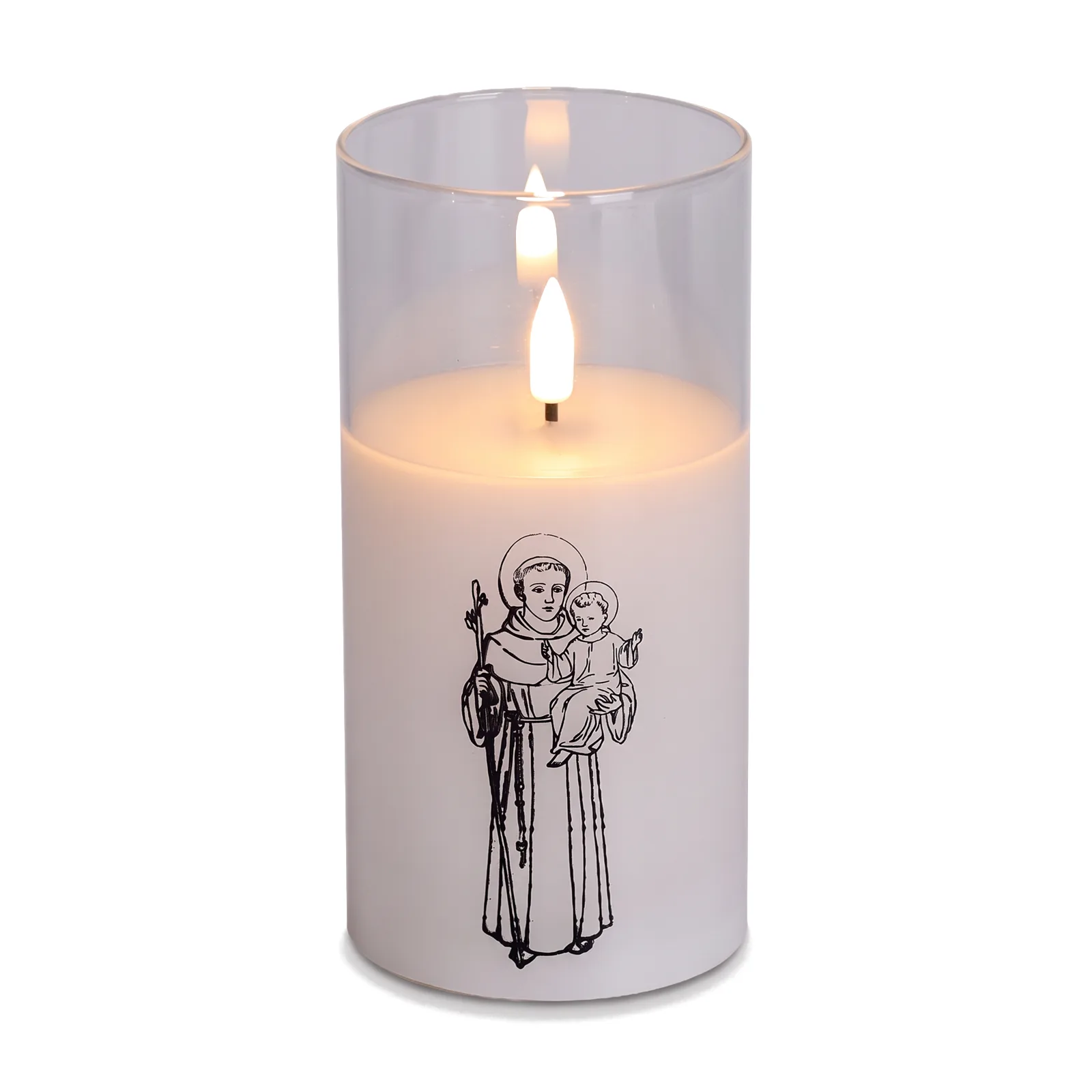 St. Anthony candle in white glass with a black print, on its own