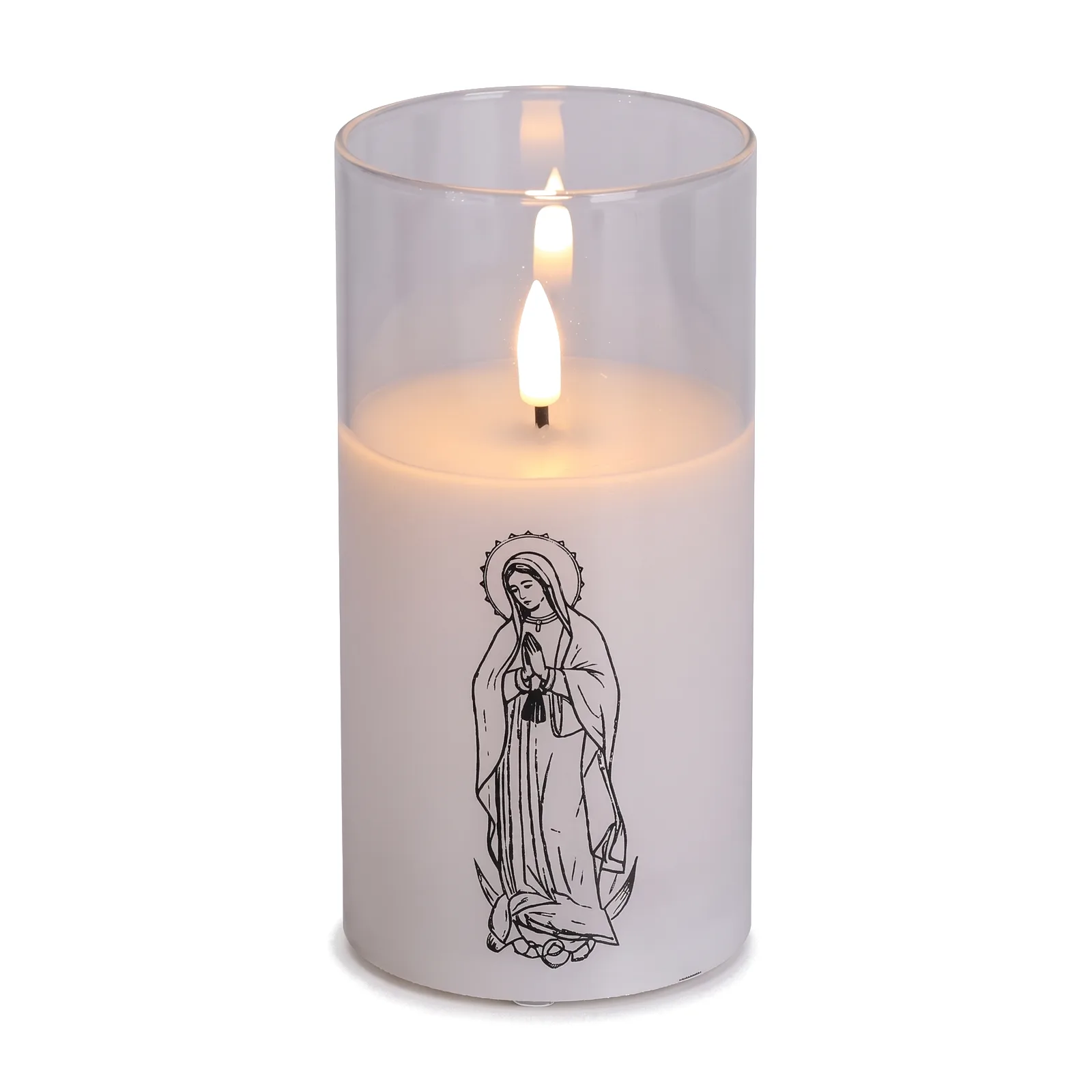 St. Mary candle, white glass