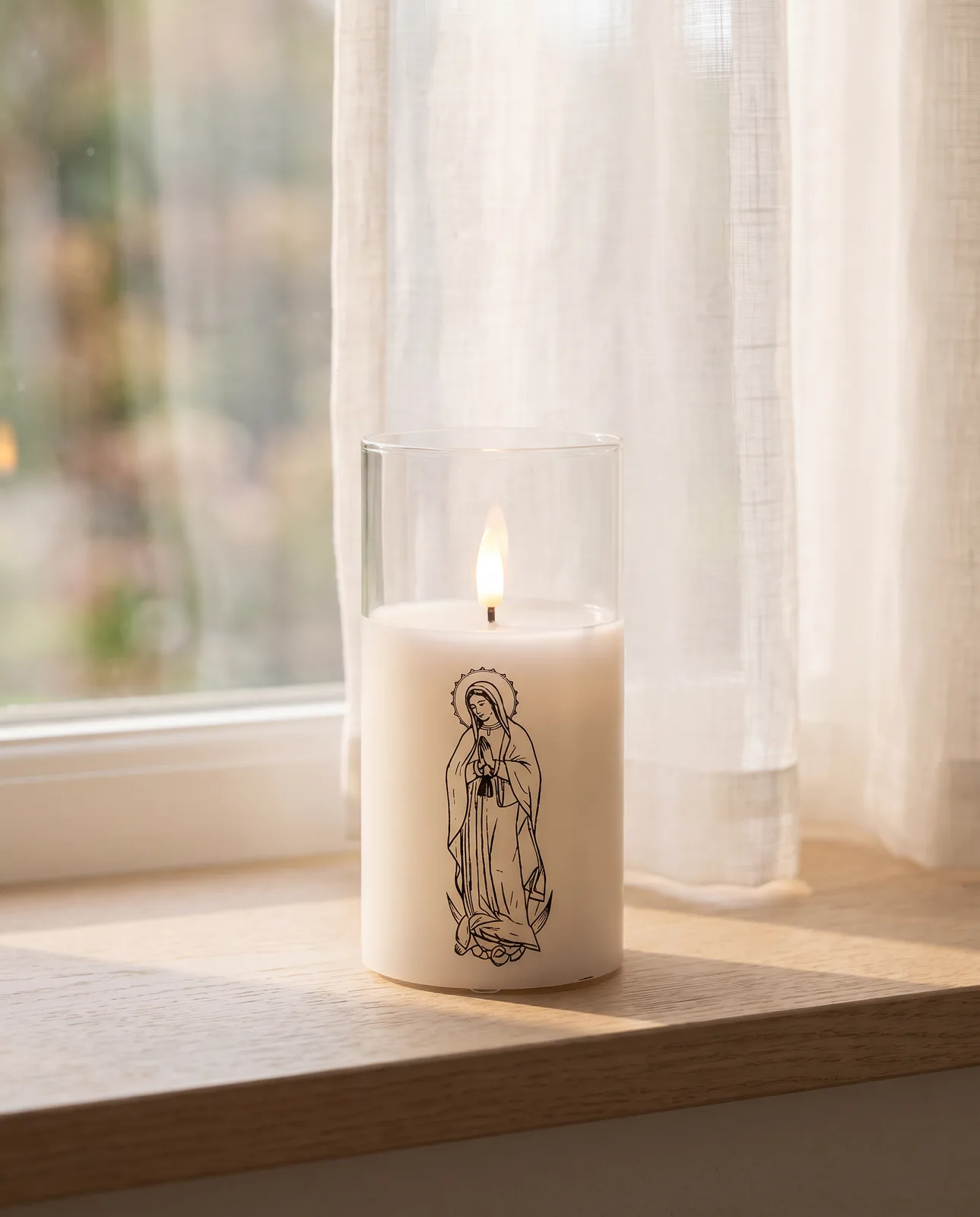 St. Mary candle, white glass, scene